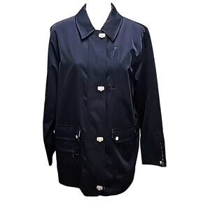 Talbots Womens Water Resistant Zip and Clip Closure Navy Collar Rain Coat Size M